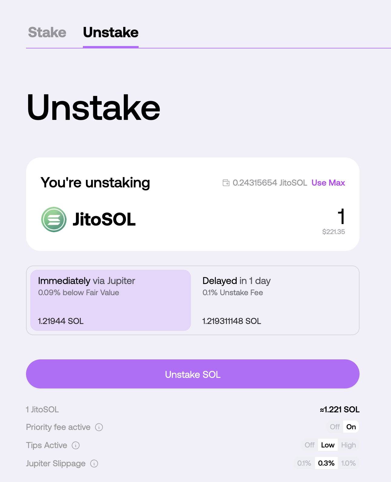 Instant Unstaking via Jupiter